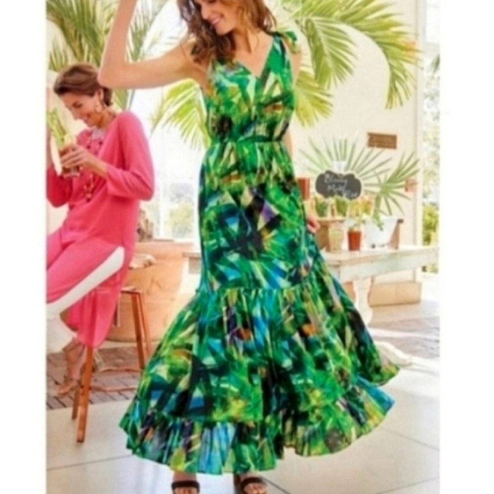 Soft Surroundings Botonica Maxi Dress Evng Palm Green Tiered V-neck Size SP NWT